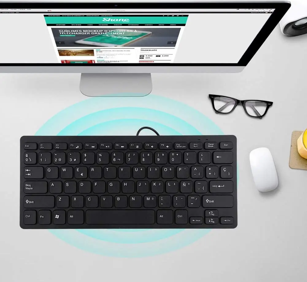 Spanish keyboard with ultra-thin cable, black or black with 78 key usb connection, plug and play, robust and silent portable keyboard for office games
