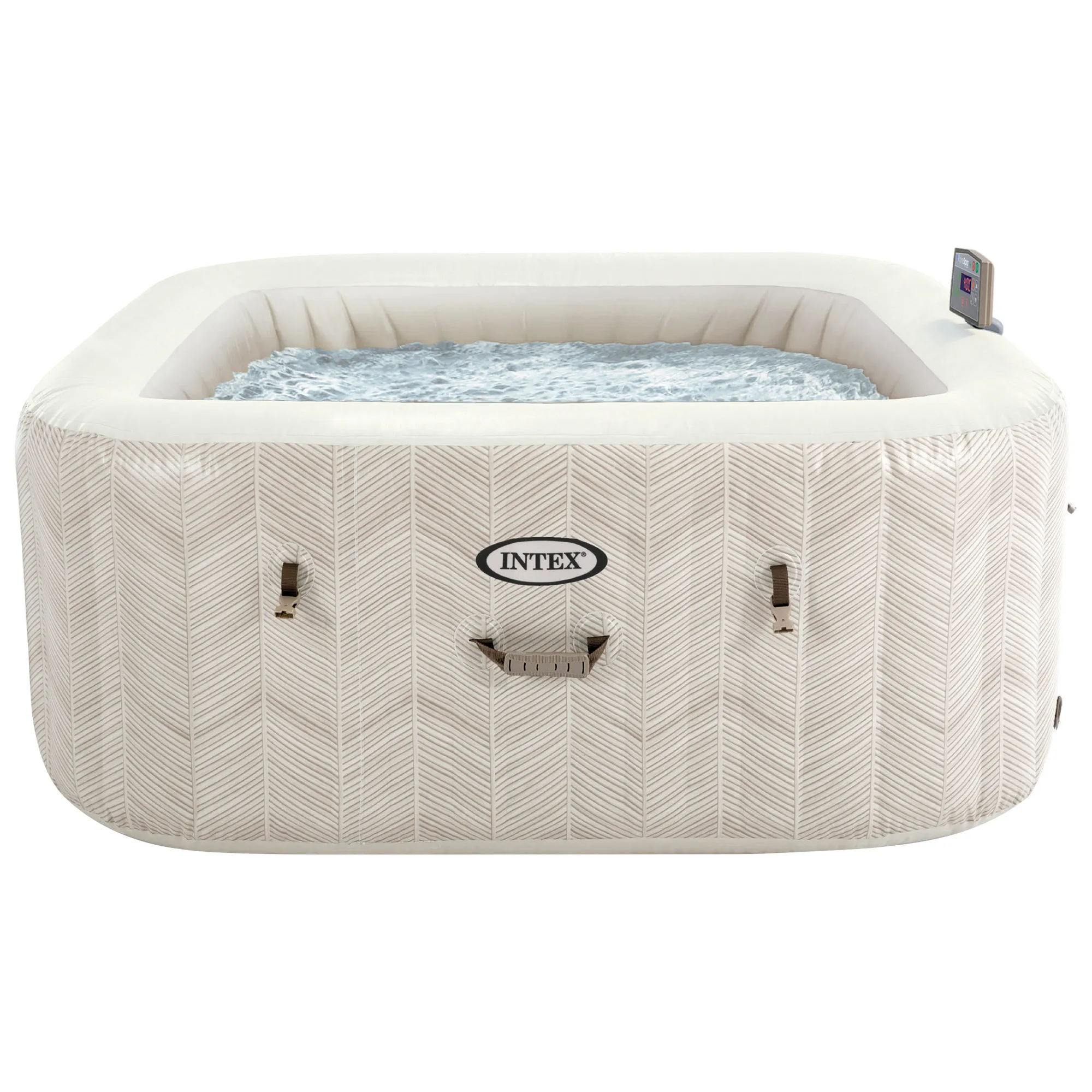 INTEX - Spa hinchable cuadrado Chevron Deluxe, 4 personas, 175x175x71 cm, burbujas de aire caliente, depuradora con filtro S2, clorador salino, sistema antical, resistente, fácil instalación, ideal