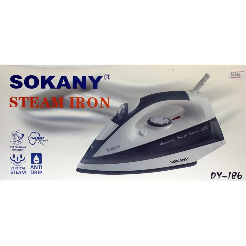 Sokany DY-186 Steam Iron 2200W with Ceramic Soleplate, featuring adjustable steam, self-cleaning function, and anti-drip protection for efficient dry or steam ironing. Perfect for all your garment care needs.