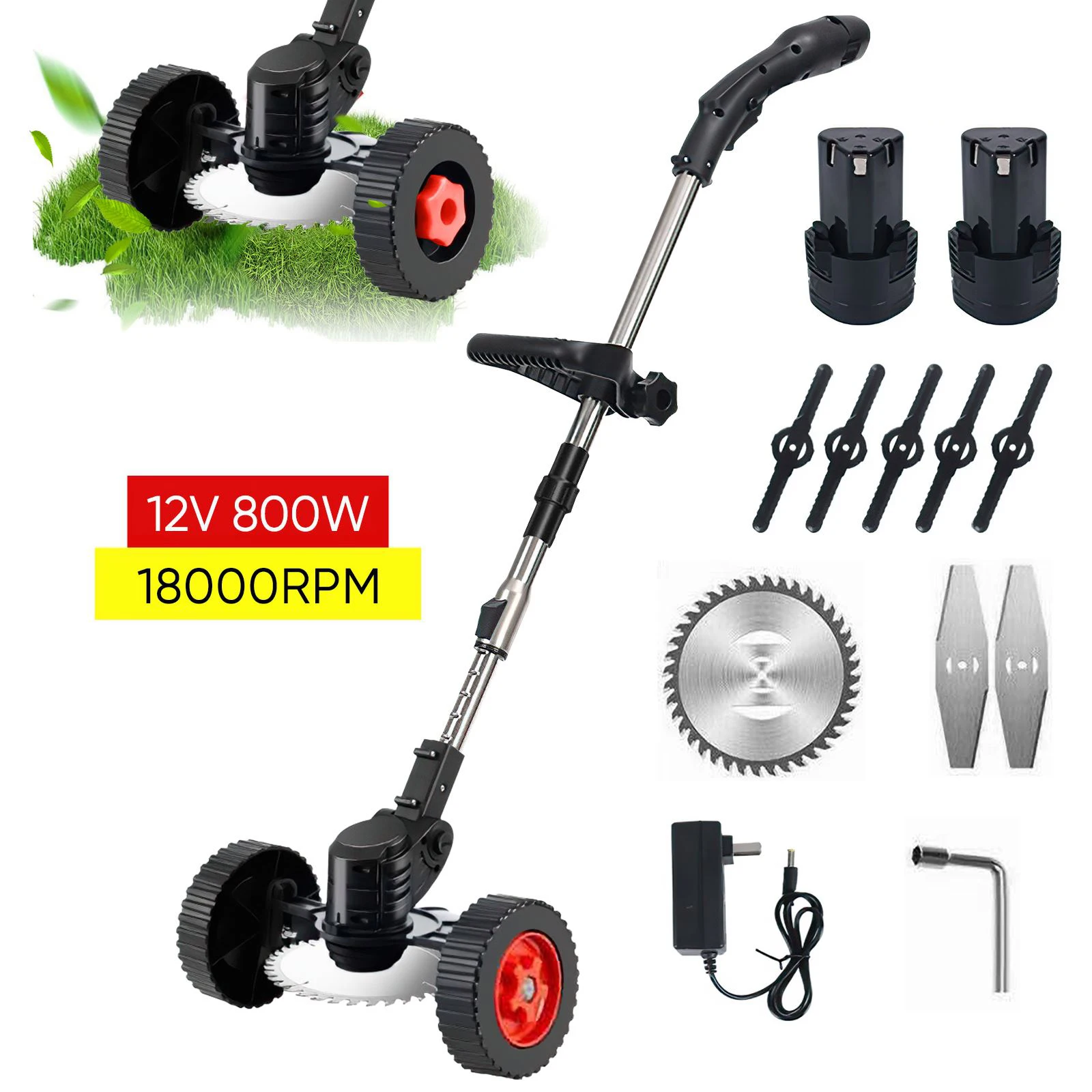 800W Electric Cordless Grass Trimmer 18000PRM Powerful Weeder Lawn Mower Adjustable Foldable Garden Pruning Tool With 2PCS 12V Battery