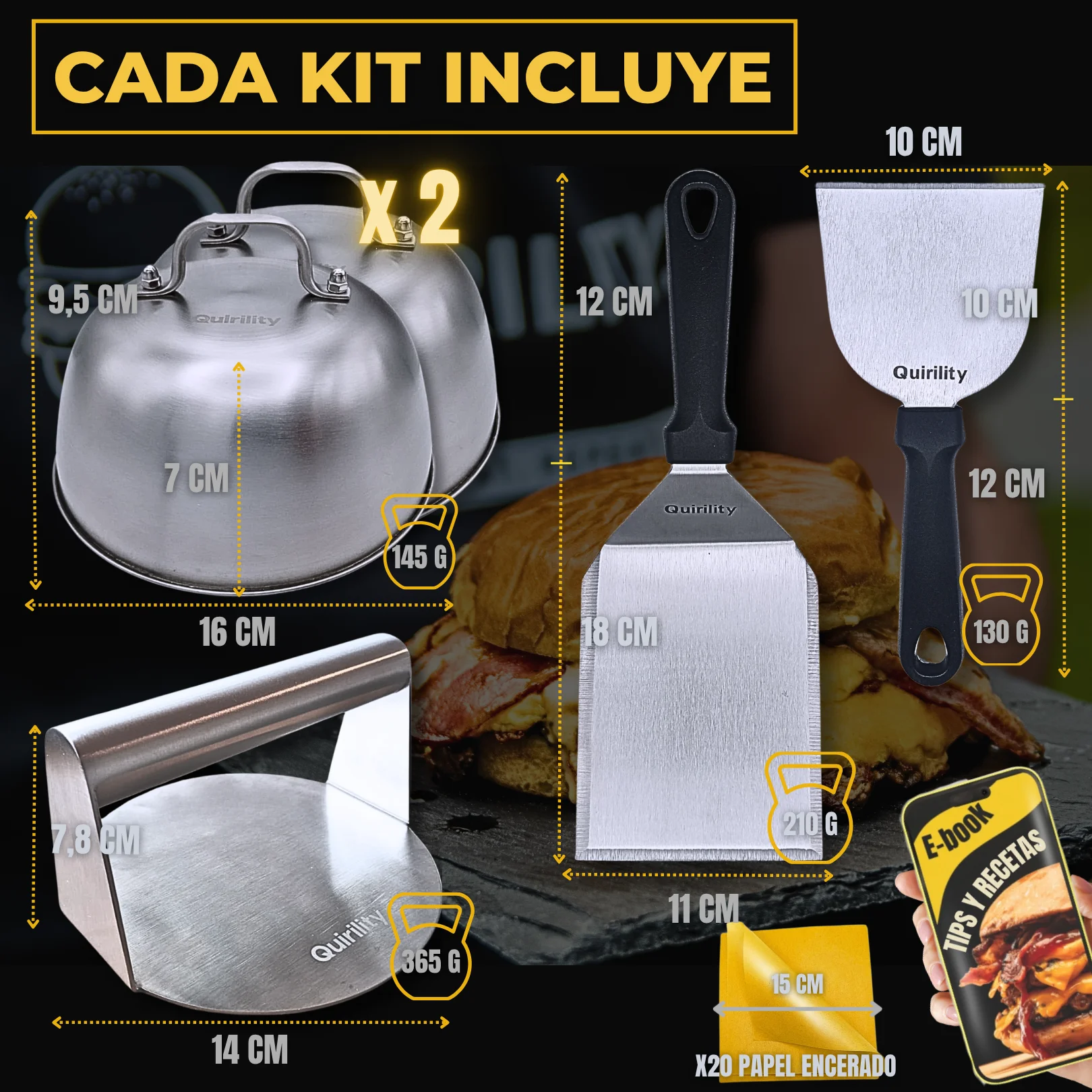 Quirility ® |   Smash burger premium professional stainless steel kit with eu food contact certificate, hamburger smasher, hamburger crusher, smash burger press, hamburger smasher