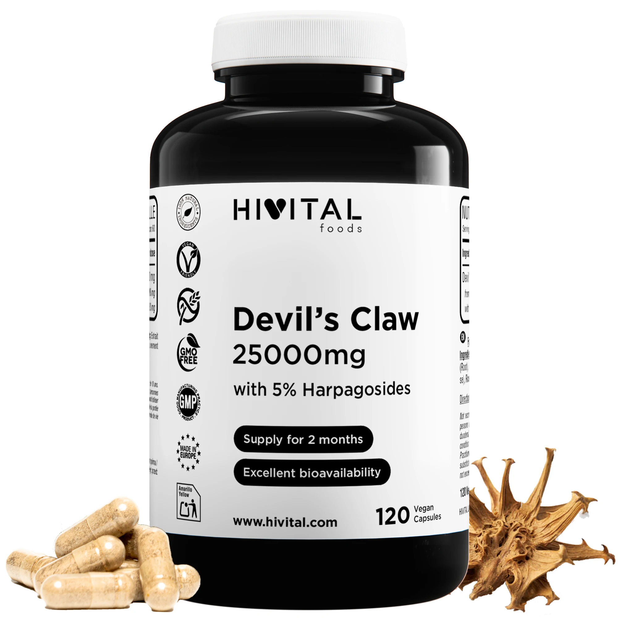 Harpagofito 25000 mg. 120 cápsulas veganas para 2 meses de tratamiento. Con un 5% de Harpagósidos. Garra del diablo a base de extracto Harpagophytum Procumbens. Fabricado en España por HIVITAL