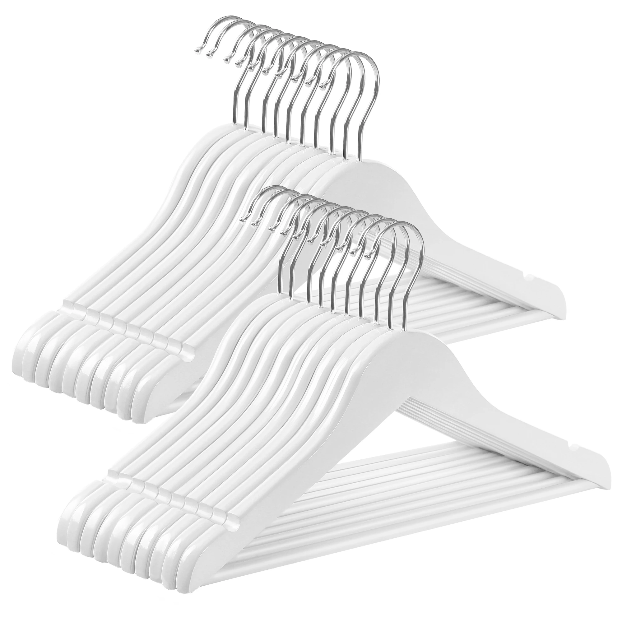 SONGMICS Juego de 20 Perchas para Niños de Madera Maciza, para Ropa Infantil, con Barra de Pantalones, Muescas en Hombros, Ganchos Giratorios, 35 cm Largo, Blanco y Plata