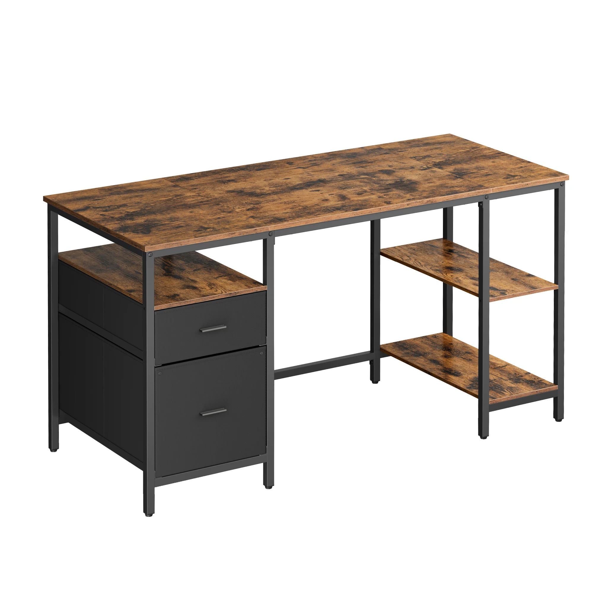 VASAGLE Escritorio, Mesa de Ordenador, Mesa de Oficina, con 3 Estantes, 2 Cajones, 60 x 140 x 76 cm, para Oficina, Salón, Estilo Industrial, Marrón Rústico y Negro/Roble Natural y Blanco Perla/Blanco