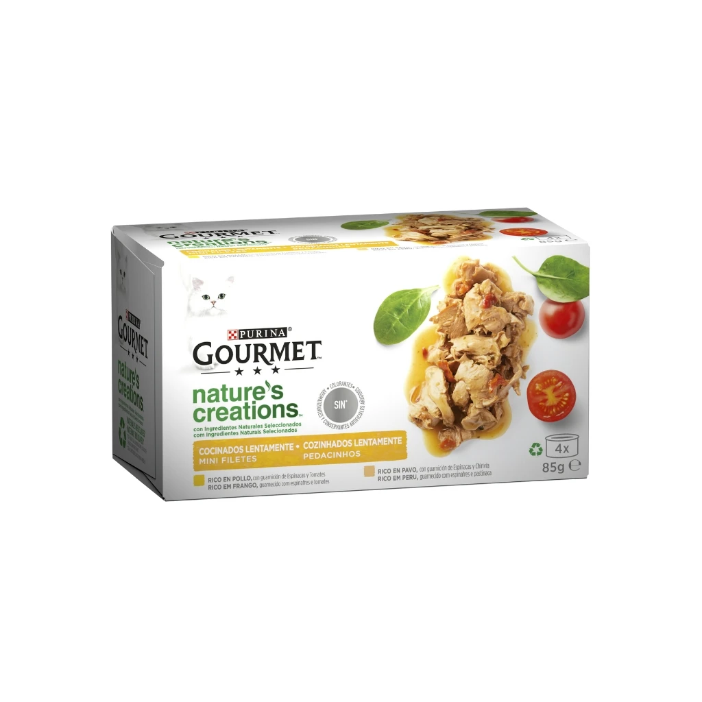GOURMET Nature's Creations Mini Filetes con Guarnición (4x85 gr) - Alimento Húmedo Completo para Gatos Adultos (Pescado del Océano y Atún ó Pollo y Pavo)