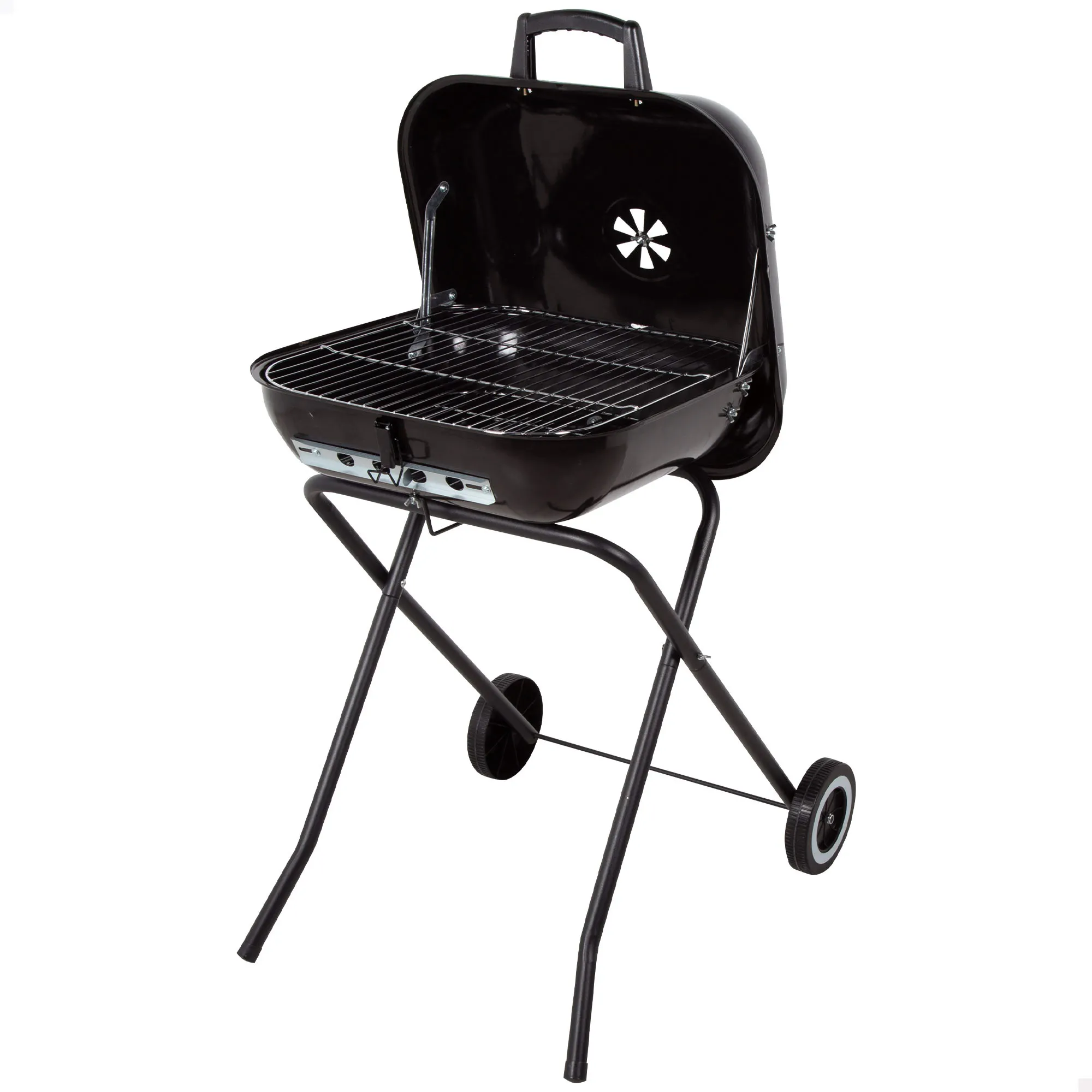 Aktive - Barbacoa carbón portátil, medidas 46x65x80 cm, color negro, patas plegables con 2 ruedas, tapa con ventilación, parrilla extraíble, fabricada de acero resistente, barbacoa compacta