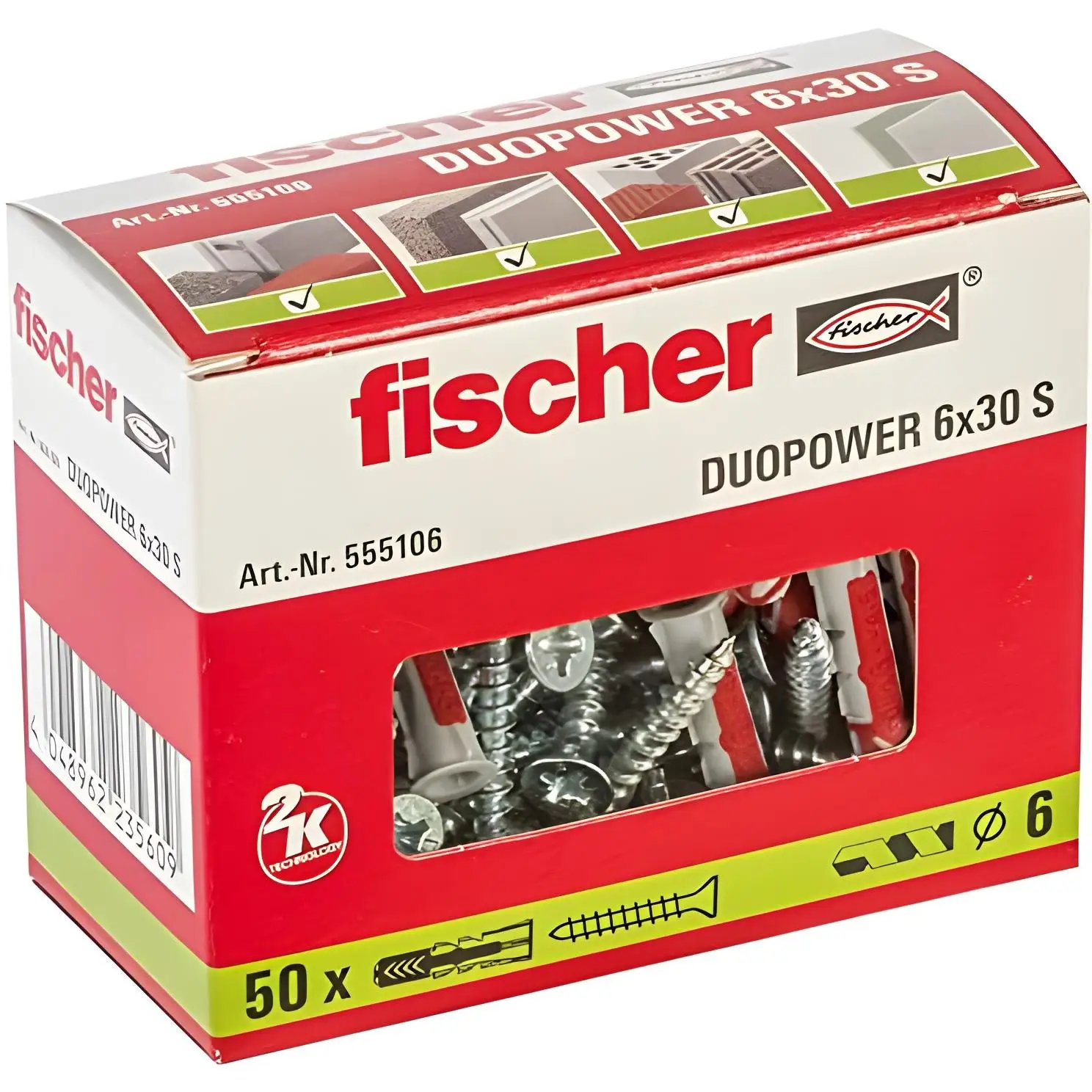 Fischer - wall plugs and screws 6x30 duopower, concrete plugs, box of plugs 50 units