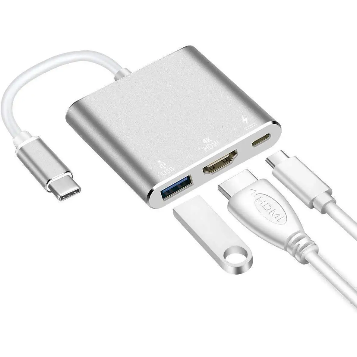 FGNS. Tipo-C a HDMI/USB/Tipo-C,USB C a HDMI Adaptador 4K, 3 en 1 Multipuerto Tipo C a 4K HDMI Adaptador USB C Hub, Convertidor USB C a HDMI con USB 3.0 y de Carga PD Tipo C para , Chromebook Pixel