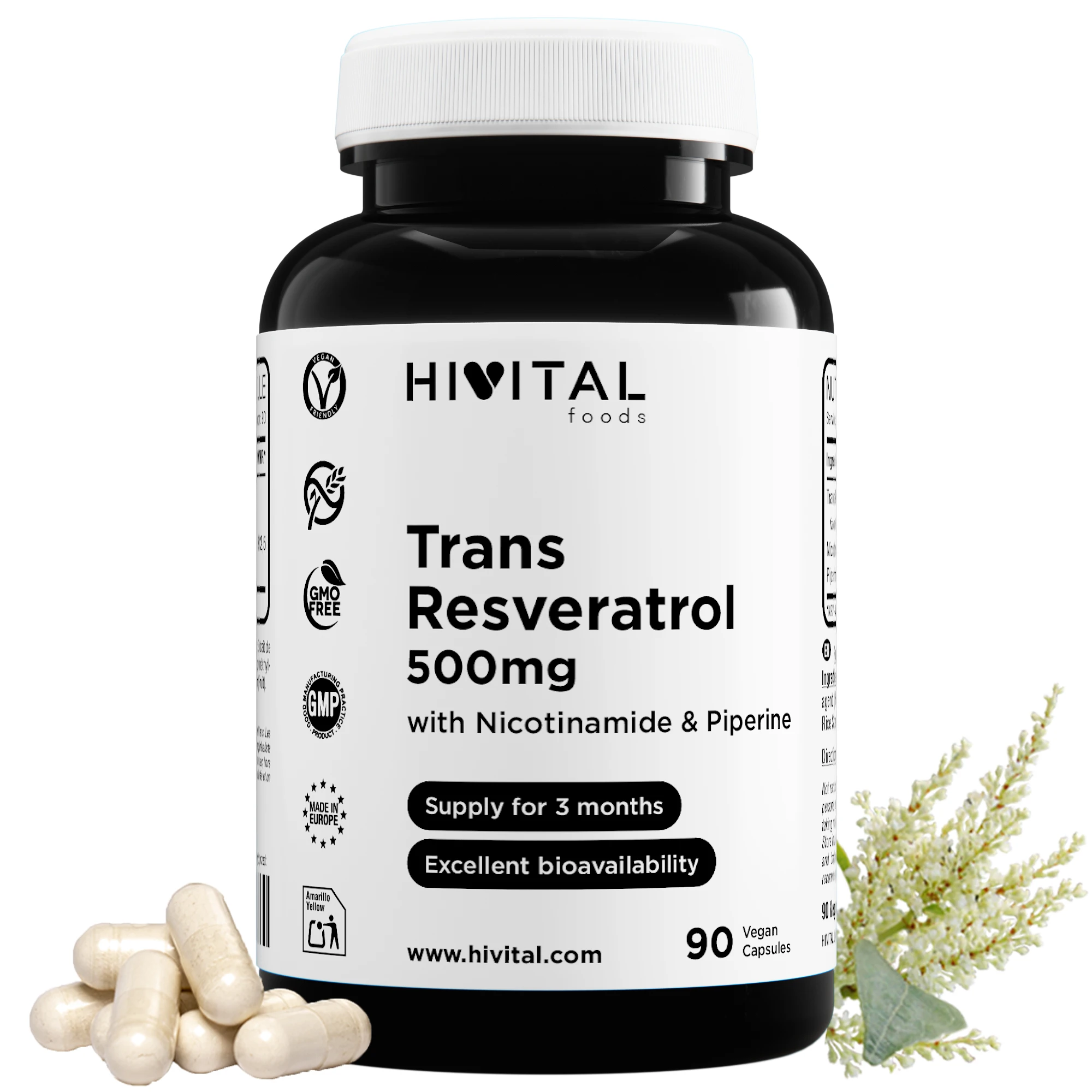 Resveratrol 500 mg | 90 cápsulas veganas. Hivital