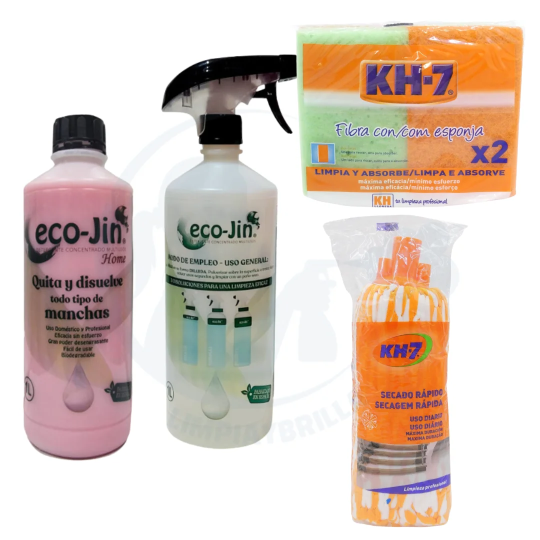 Ecojin HOME ROSA FLORAL + Estropajo Fibra con Esponja KH7 y Fregona Microfibra Secado Rápido KH7 Quitamanchas Multiusos para Todas las Superficies. Producto Original de Laboncler, Limpia y Brilla con Eficiencia