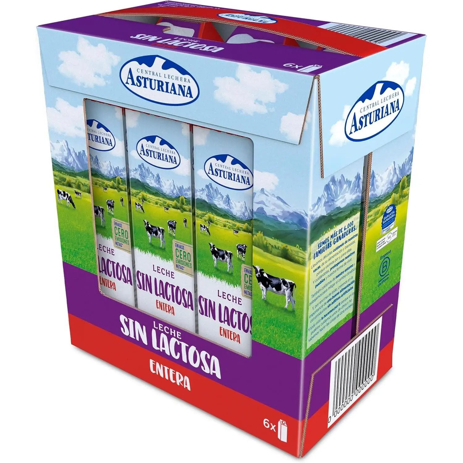 Central Lechera Asturiana Leche Sin Lactosa Entera, Pack 6 x 1L