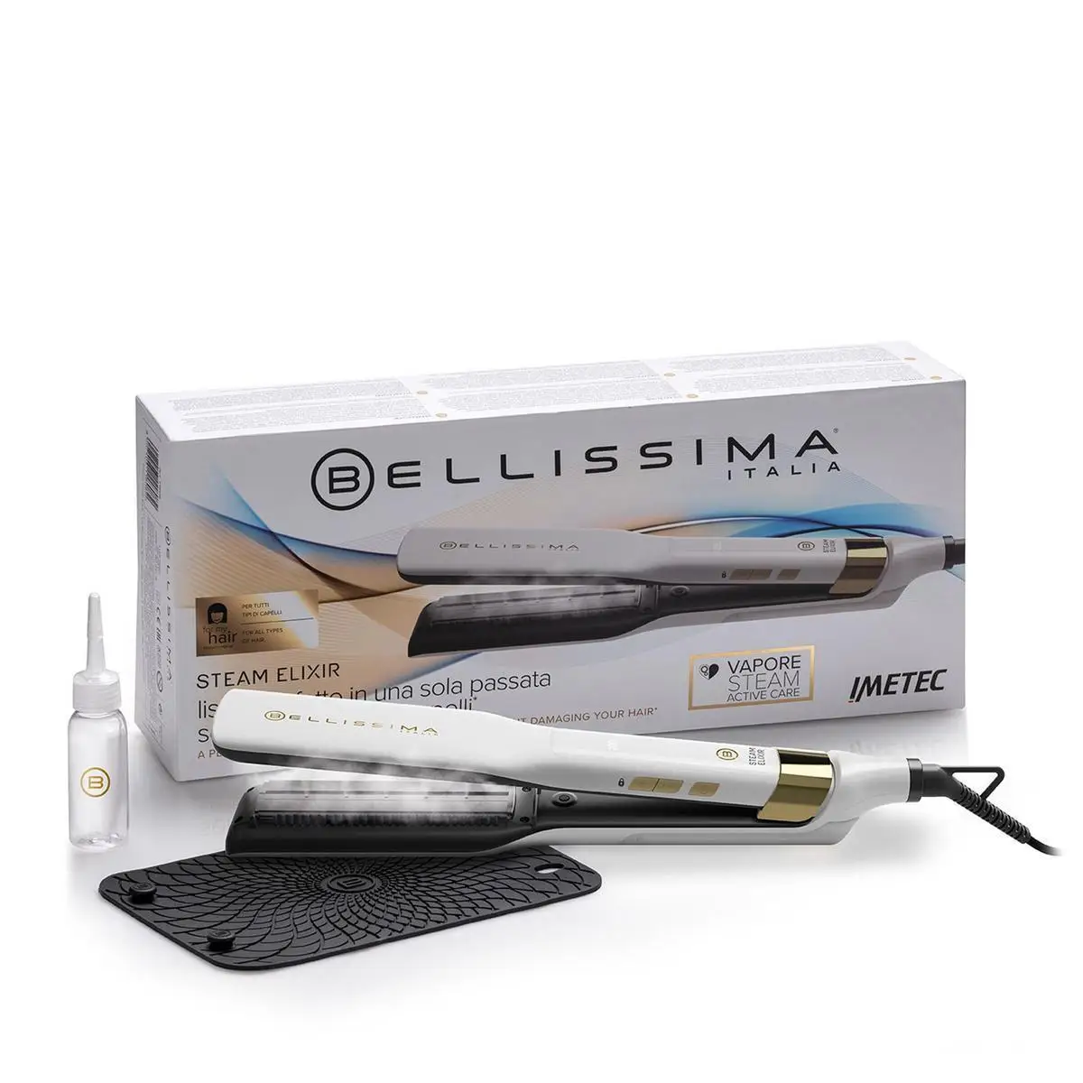 Bellissima Steam Elixir hair straightener with Steam, smooth in a single pass without damage, ceramic coating and argan oil, fast heating, 4 temp, thermoresistant mat