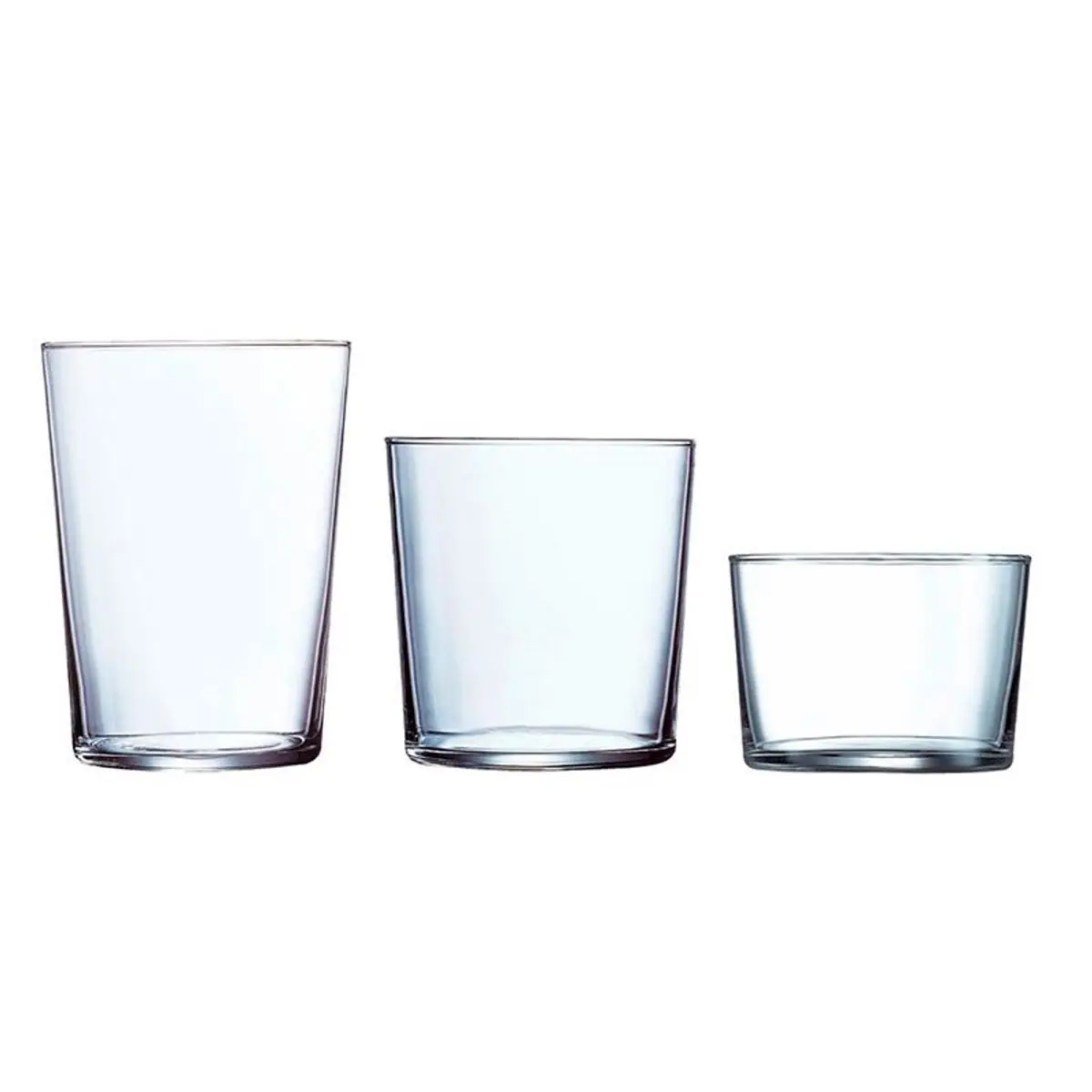 Gorbea 18-Piece Glass Set by Luminarc, featuring 6 glasses of 53cl, 6 glasses of 36cl, and 6 glasses of 23cl, made from eco-friendly, ultra-resistant glass, microwave, fridge, and dishwasher safe.