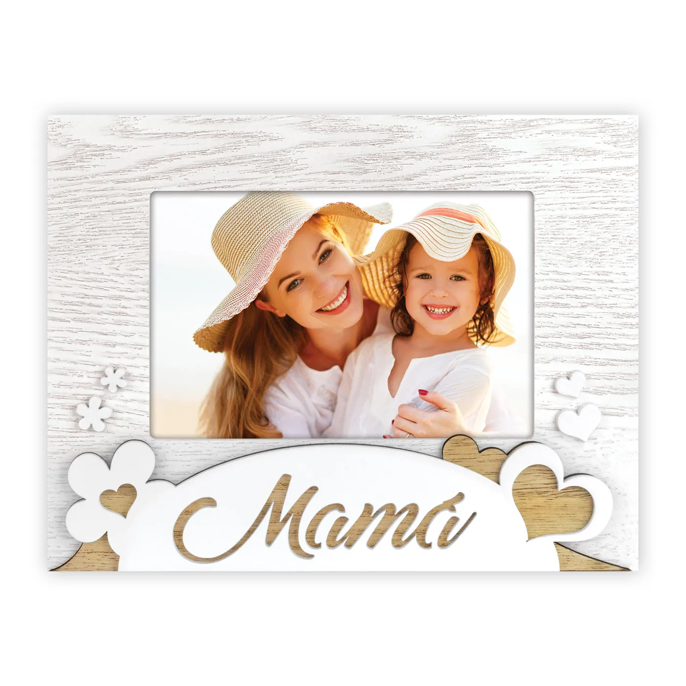 Zep Marco Portafotos en Madera Blanca para Mamá 10x15 con Decoraciones en Relieve en Forma de Corazones