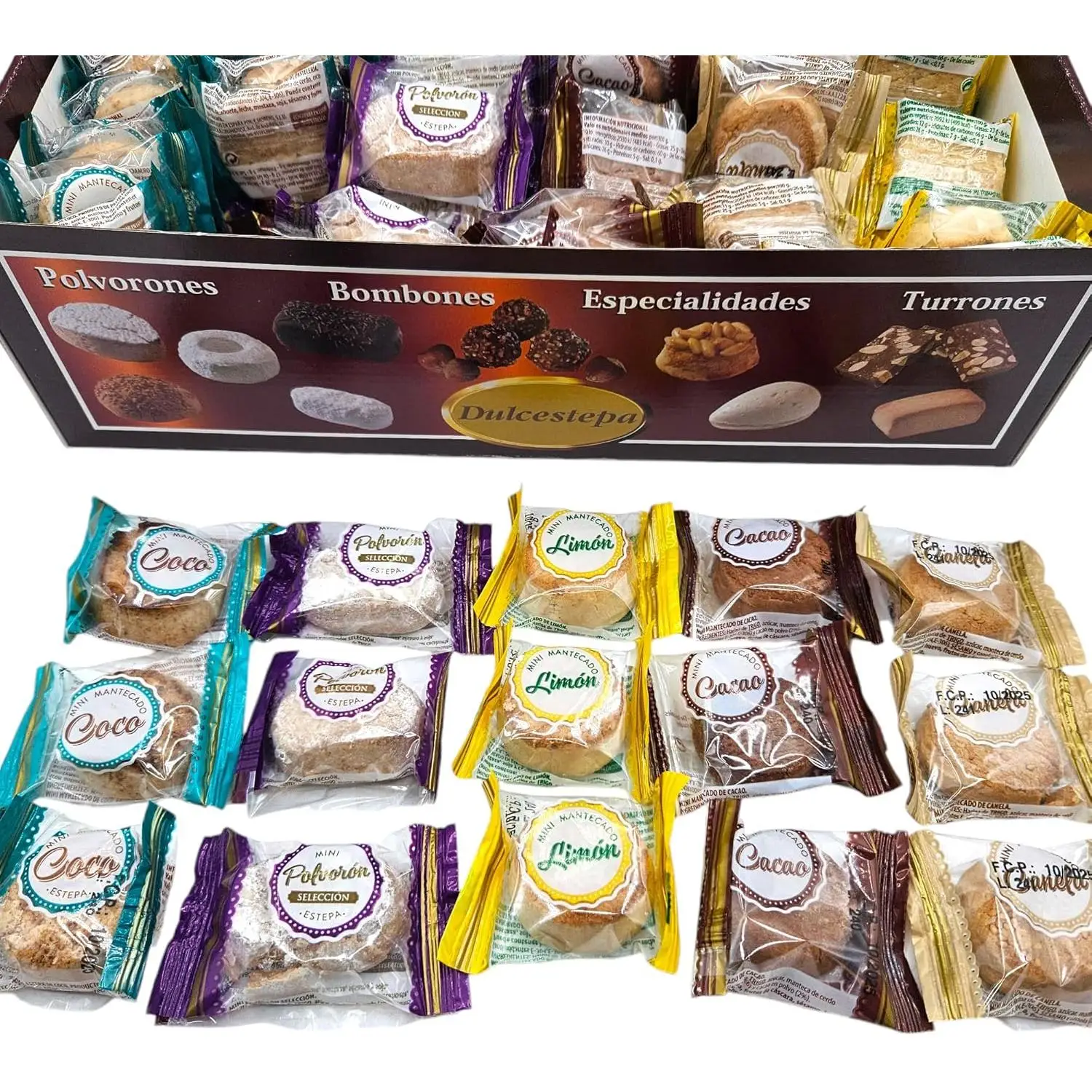 Polvorones Mini Surtidos DulceEstepa - Calidad Extra - 2,5 Kilos - Polvorón Coco - Polvorón Limon - Polvorón Chocolate - Polvorón Selección - Polvorón Canela. Mini Polvorones