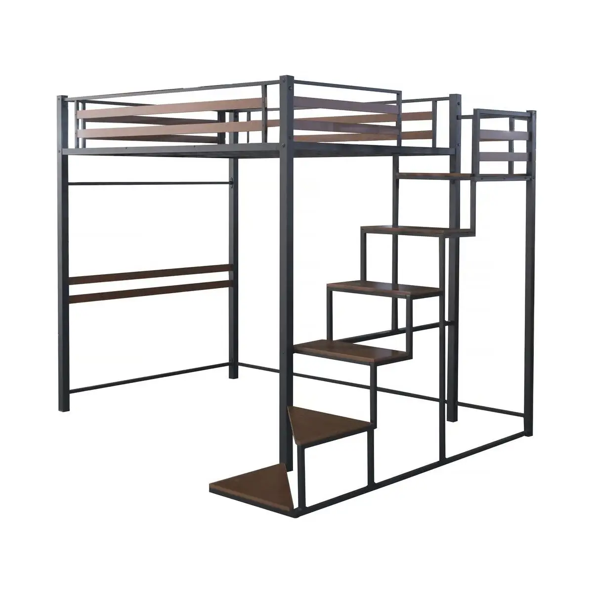 Habitat y Jardin - Cama alta de metal con escalera "LENA" - 140 x 200 cm - Negro y marrón nogal