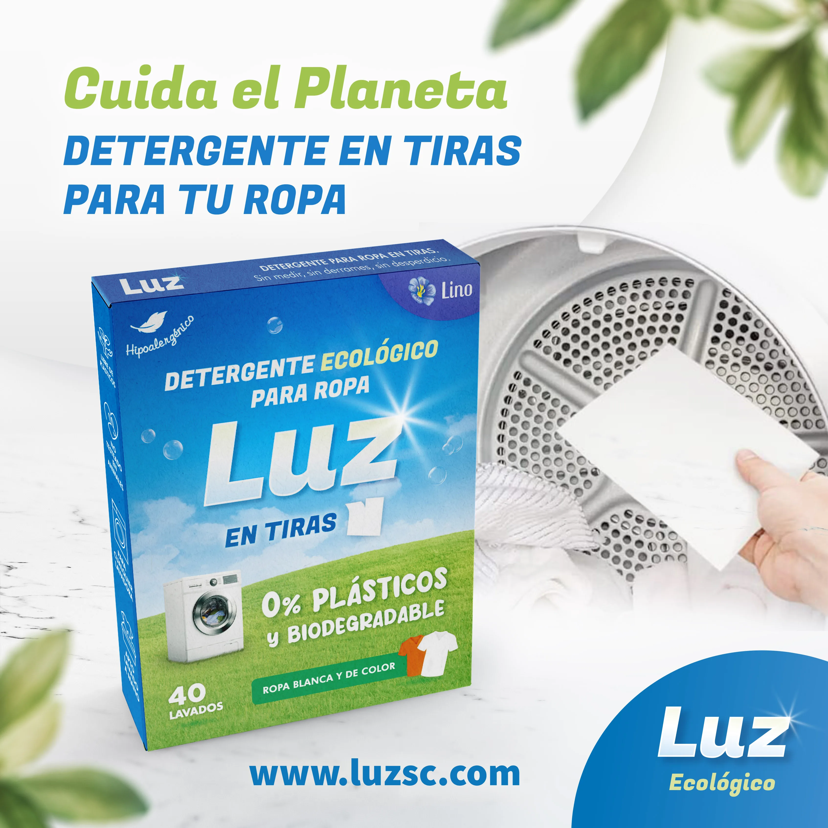 Detergente en Tiras Luz. Detergente ecológico, 0% Plásticos, Biodegradable. 40 Lavados