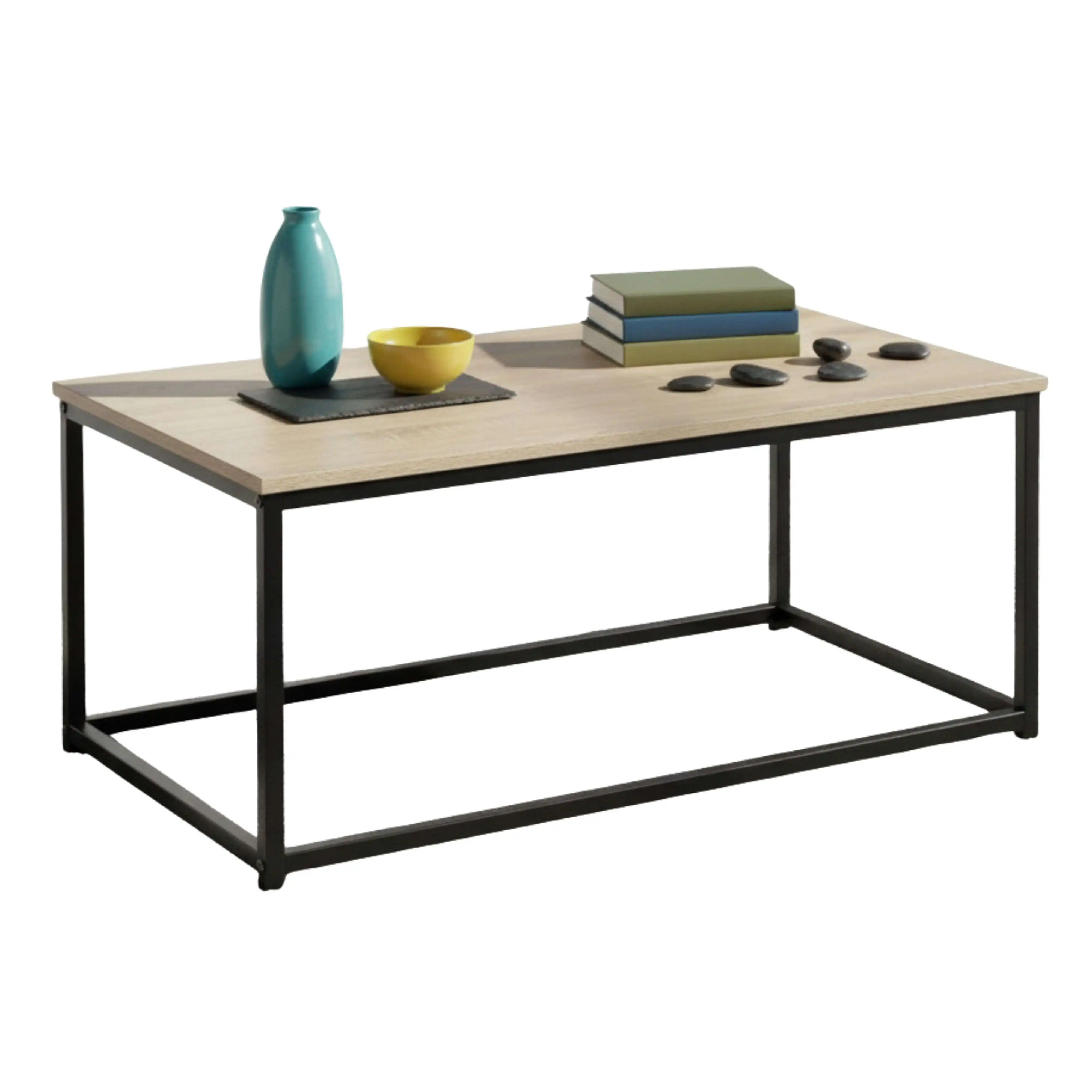 Miroytengo Mesa de centro fija en color roble cambrian y negro con estructura de metal para sala, medidas 90x40x48 cm
