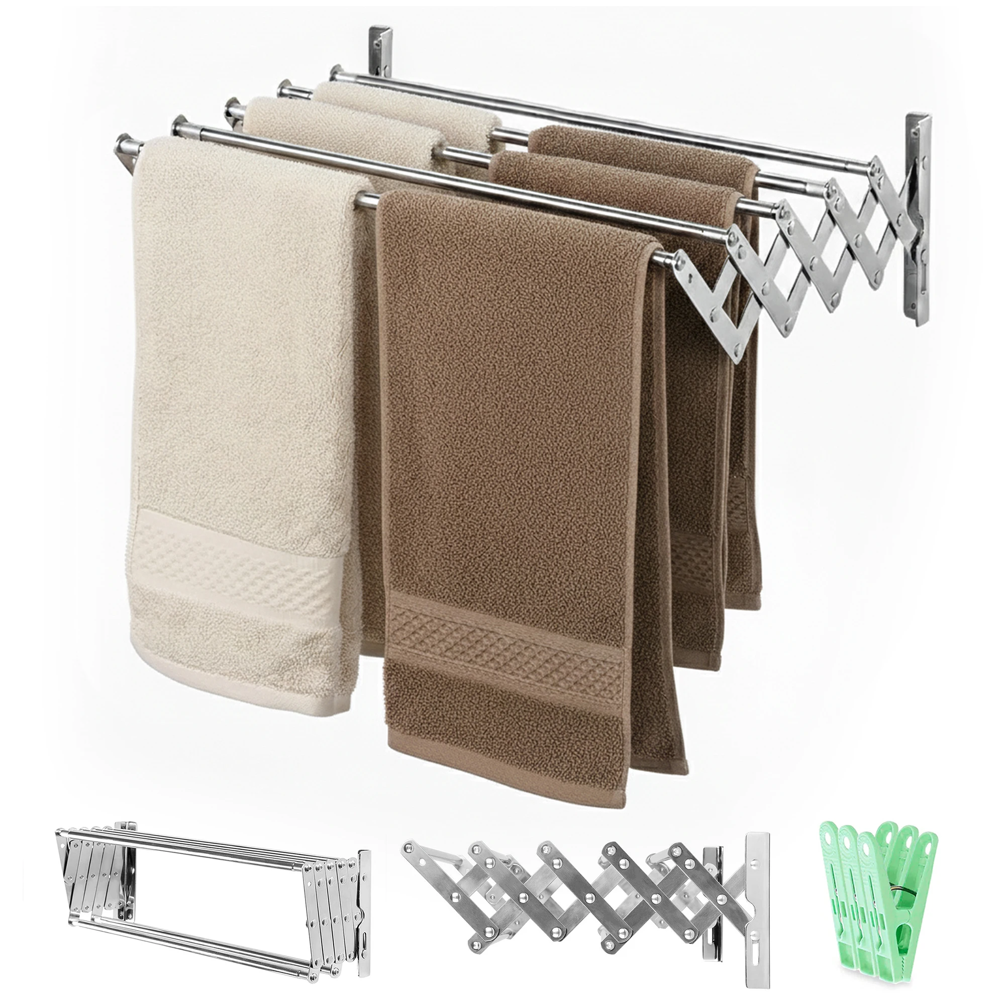 RELAXTY Tendedero de Pared Plegable - Diferentes longitudes | Extensible para Interior y Exterior con 5 Barras de Secado y Pinzas Incluidas