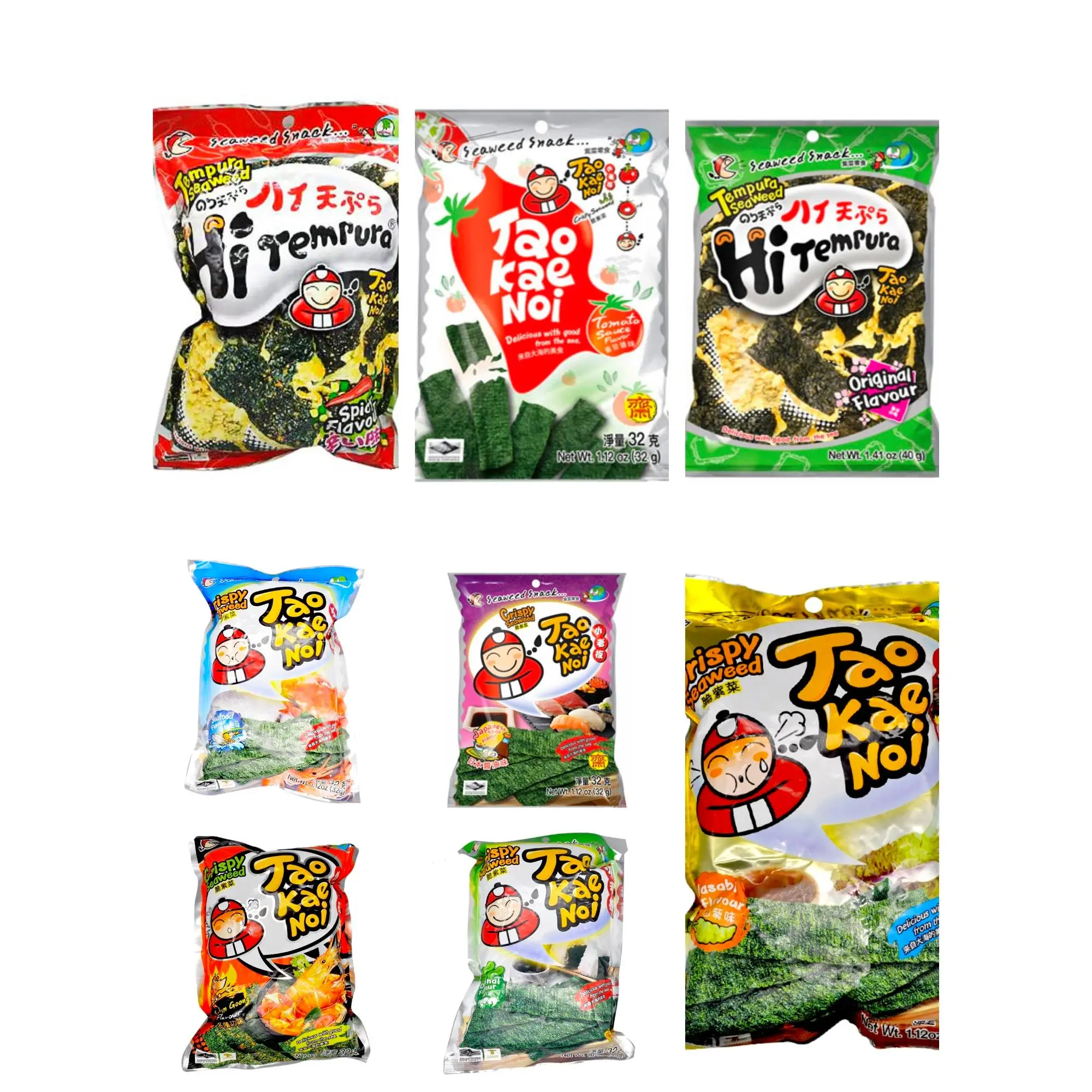 (taokaenoi) snack of crujient seaweed, 8 unique and crunchy flavors. 32 grams