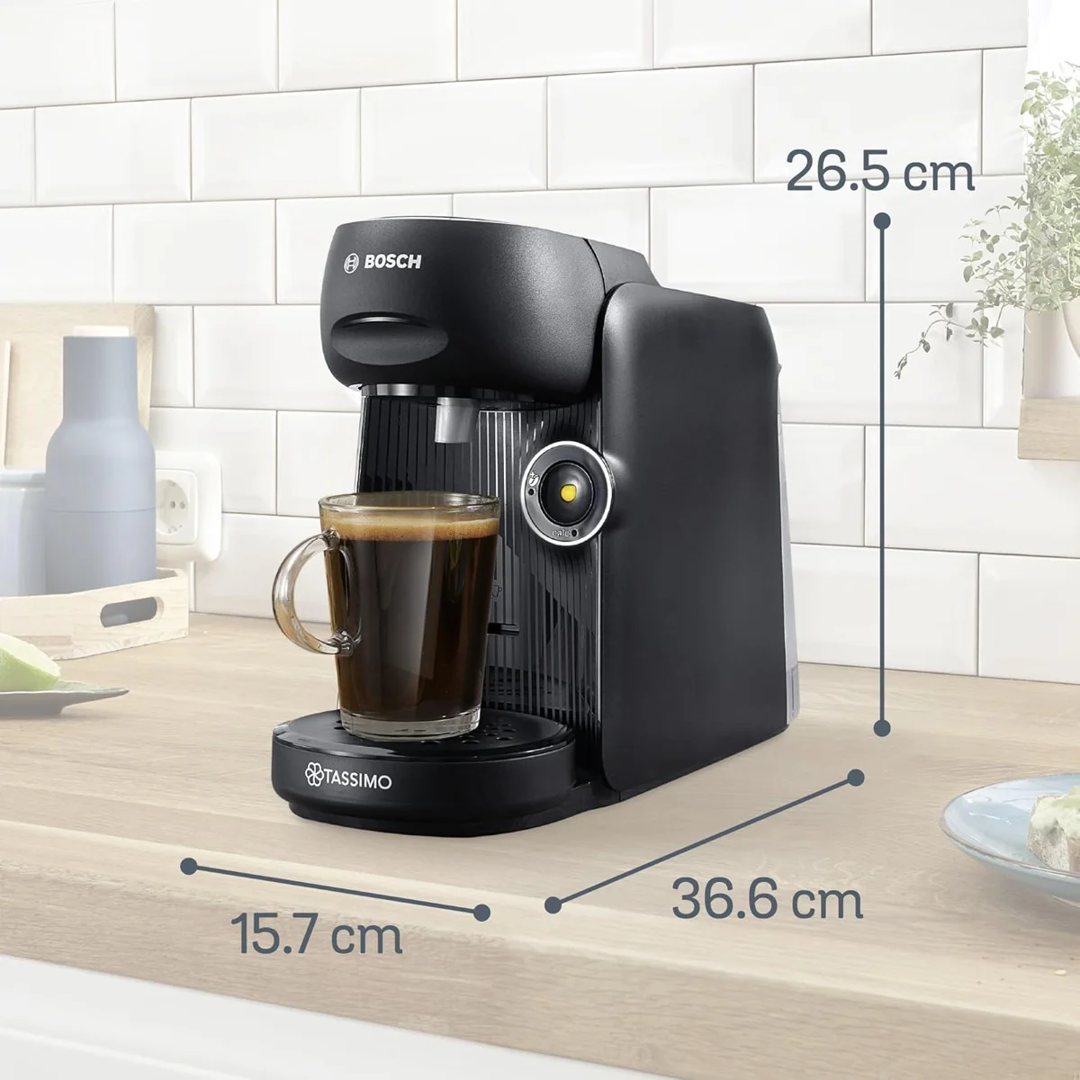 Bosch Tassimo Finesse Capsule Coffee Maker, 0.7L capacity, IntelliBrew technology, OneTouch feature for easy operation, perfect for making up to 40 coffee specialties at home with a compact design.