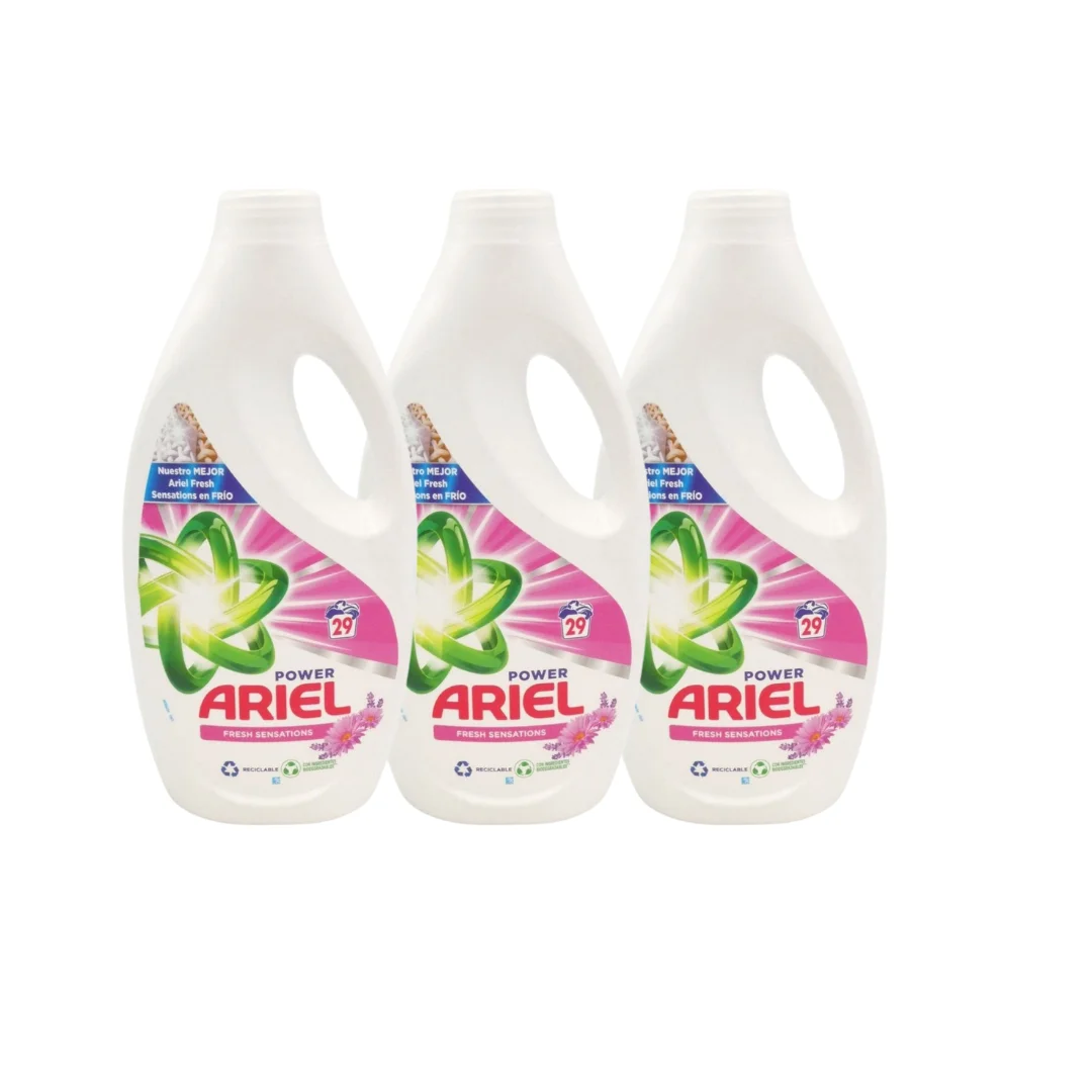 PACK saving 3 units ARIEL liquid detergent Fresh Sensations 29 washes each, pleasant aroma of Fresh flowers. For the machine washing of your clothes. Remove stains from sweat, grease and food, protecting the colors of your clothes. Save 3UD