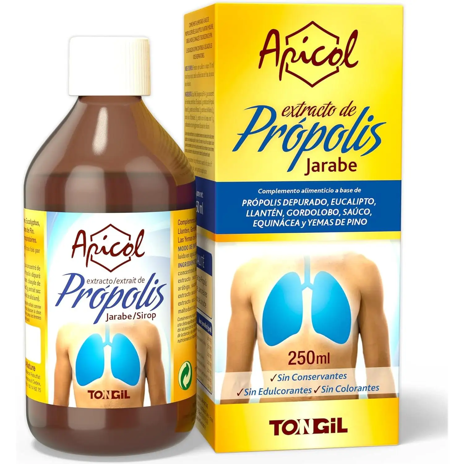 Jarabe para la Tos con Própolis, Pino y Equinácea | Expectorante para Expulsar Mucosidad, Suaviza la Garganta, Aumenta las Defensas | Sin Edulcorantes y Sin Gluten | 250 ml de Apicol Tongil