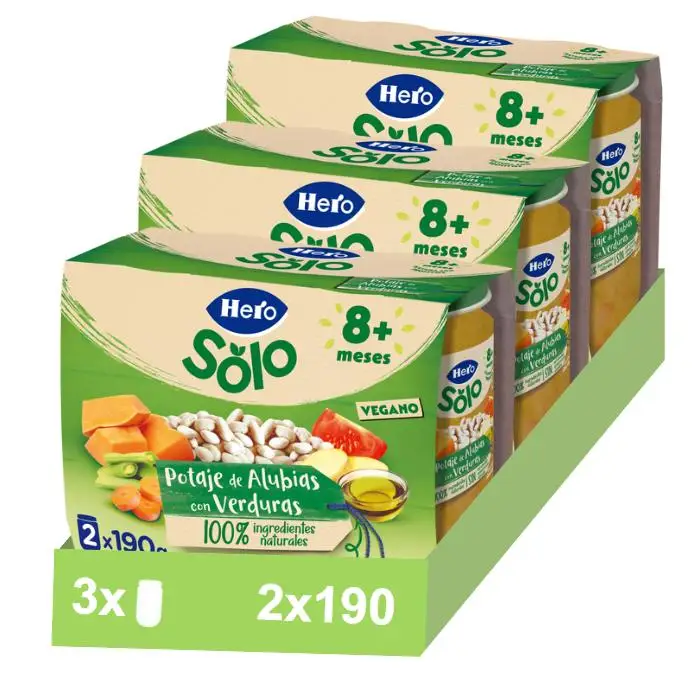 Hero Baby Pack Tarritos de Potaje de Alubias y Verduras. Para Bebés de a partir de 8 meses. 3 Packs de 2x190gr