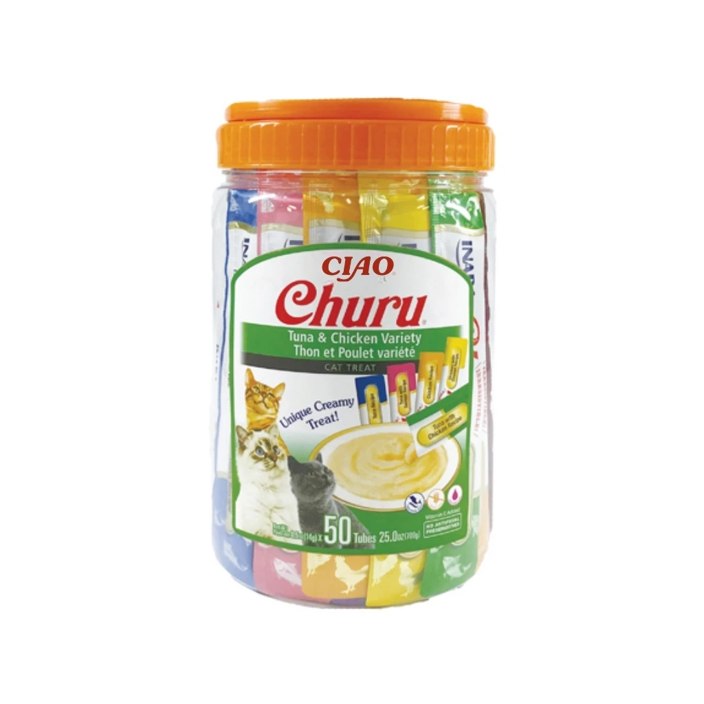 CHURU – Tarro de variedad de Atún y Pollo para Gatos (50 Tubos)