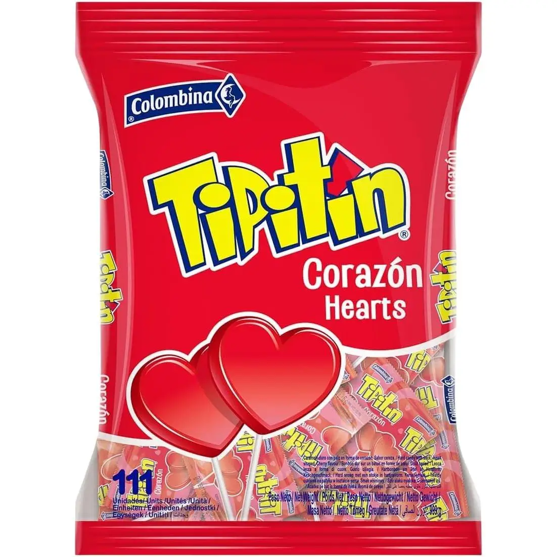 Piruletas Corazón Tipitin Sabor Cereza | Bolsa de 111 Unidades | Caramelo Duro con Palo Sin Gluten ni Alérgenos | Ideal para San Valentin y Cumpleaños