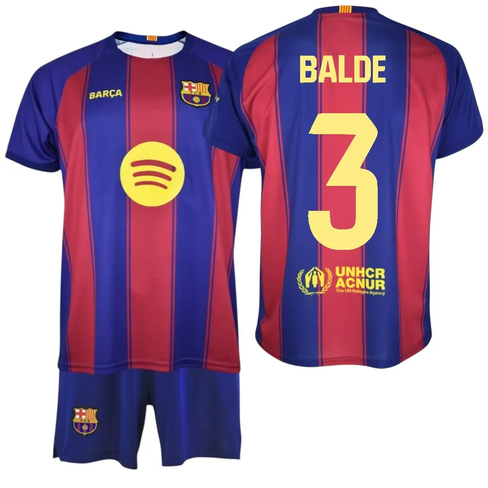 F.C Barcelona - Conjunto Camiseta y Pantalón Niño - Jugador BALDE Nº3 - Diseño Blaugrana Clásico - Escudo Bordado - Tejido Transpirable - Ideal para regalo