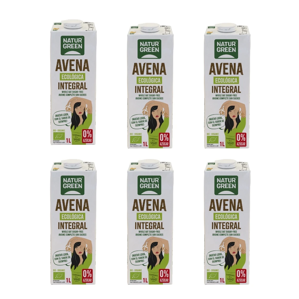 Bebida de Avena Integral Bio 0% Azúcar | Pack de 6x | 1L | Vegana | Ecológica | Fuente natural de fibra | NATURGREEN