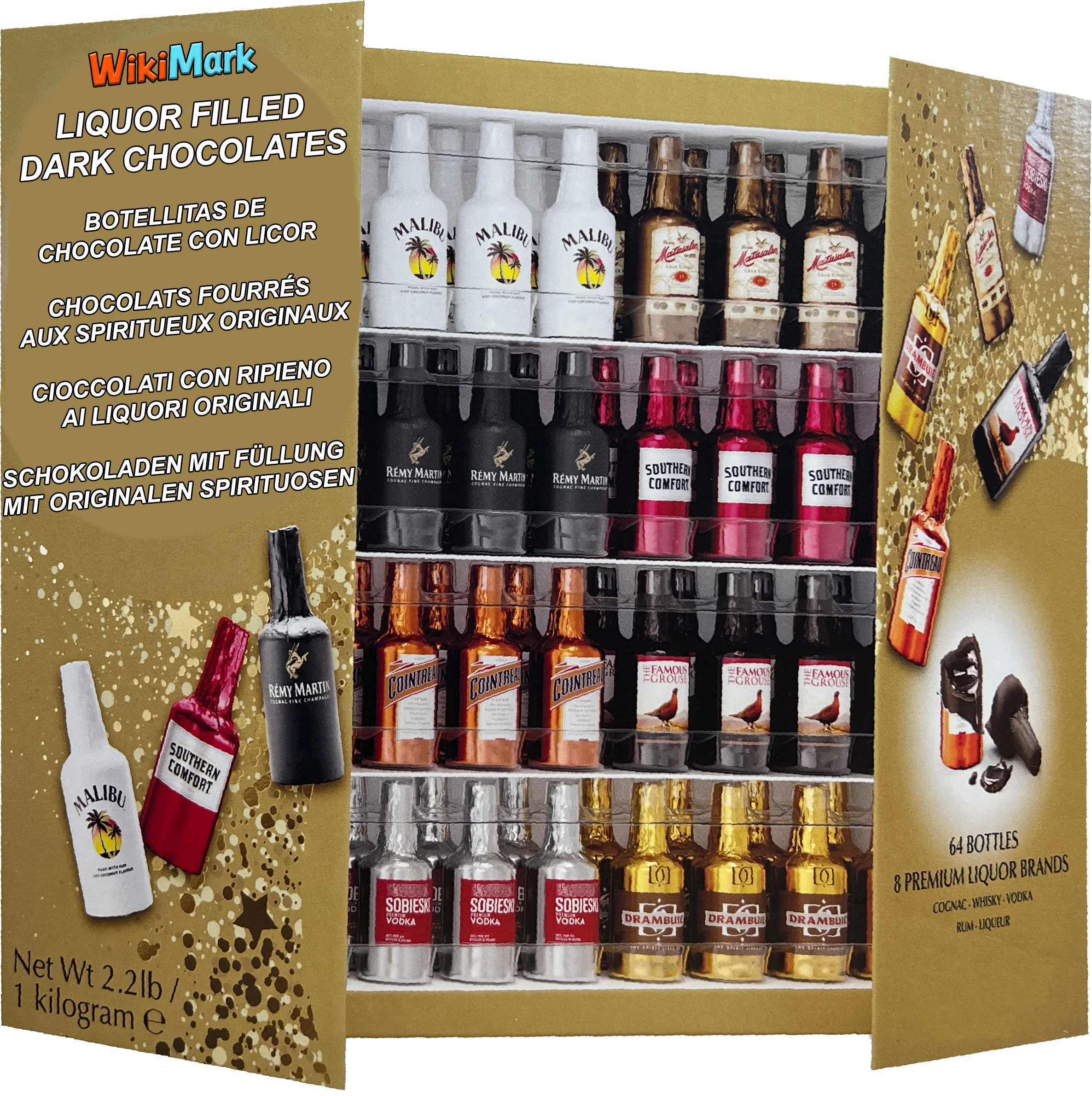 Chocolate bottles filled with liquor-a new 2024 edition with new flavors-includes a WikiMark wine rack wardrobe box. 1 Kg - 64 bottles or Taper of 20 bottles 300 Gr.