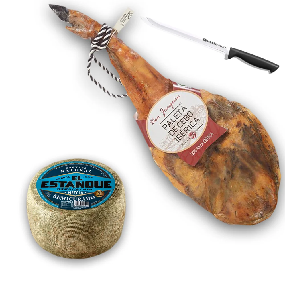 Paleta Iberica 4,5kg + Queso Semicurado Corteza Natural 3,5kg + Cuchillo Jamonero / JAMON-PATANEGRA