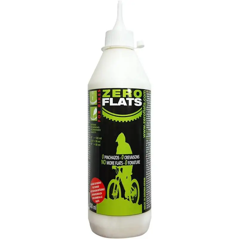 ZERO FLATS | Sellante Antipinchazos Tubeless 500ml - El tamaño ideal para 2 bicicletas.   El líquido se puede agregar a través de la válvula o en el momento de montar el neumático.  Importante revisar