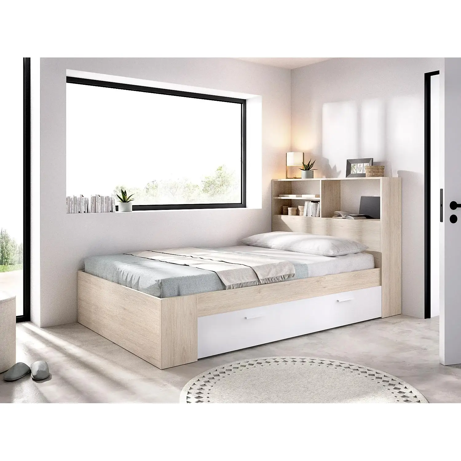 Vente-unique - Cama 120 x 190 cm con almacenamiento - Color: Natural y blanco - VARDIEL