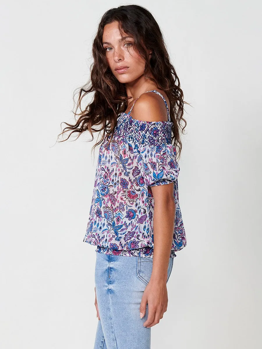 Koroshi Blusa con Escote Bardot, Nido de Abeja y Estampado Floral en Azul para Mujer – 100% Poliéster