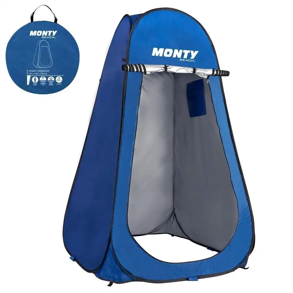 Tienda  cambiador playa, camping ducha 1 adulto, 120x190 cm, tienda  montaje Pop Up, bolsillo y puerta con cremallera doble, tejido Oxford azul, protección UPF+50 y waterproof, incluye 4 piquetas