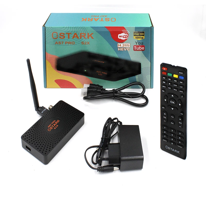 Ostark ostark as7 pro dvb s2 s2x satellite receiver, t2mi, h.265 scart stalker rj45 usb wifi included youtube, xtream, stalker