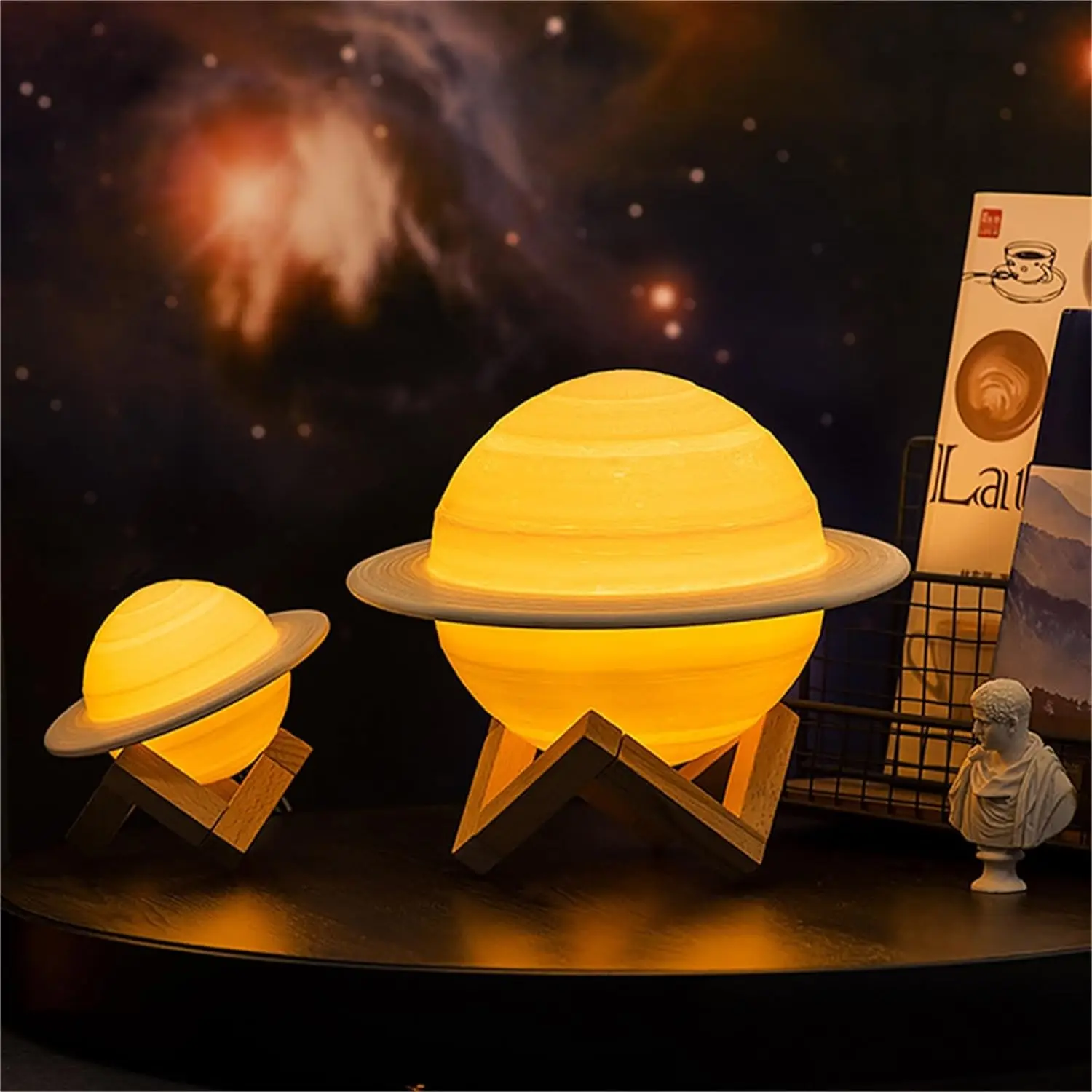 Saturn Lamp Moon Lamp 3D Galaxy Lamp 16 Colors LED Moon Light 3D USB Reable Remote Control Touch With Wooden Stand, Mare Shaped Night Lamp For (8 Inch), M2 Tec