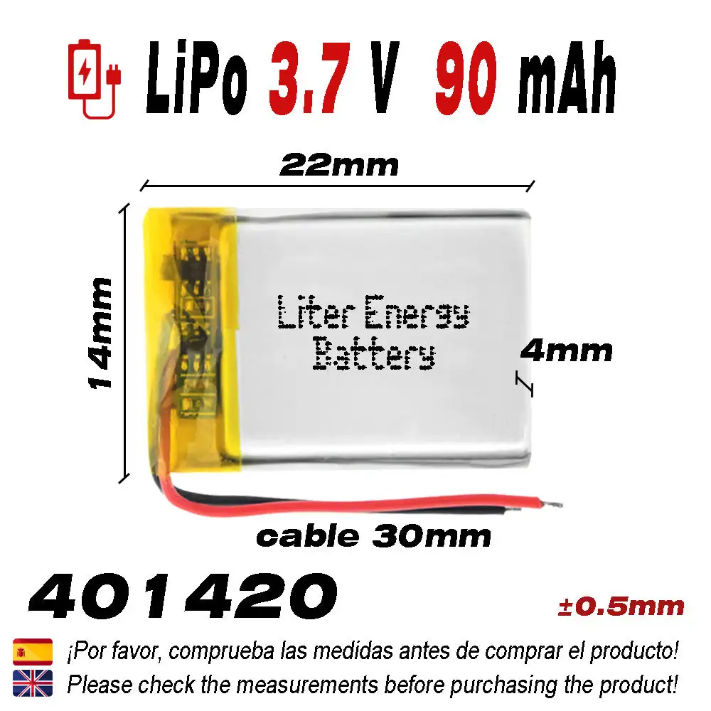 3.7V 90mAh 0.333Wh 1S 5C Liter Energy Battery 401420 Battery for rechargeable electronics portable phone video smartwatch GPS watch-Not suitable for Radio Control 22x14x4mm (90mAh | 401420)