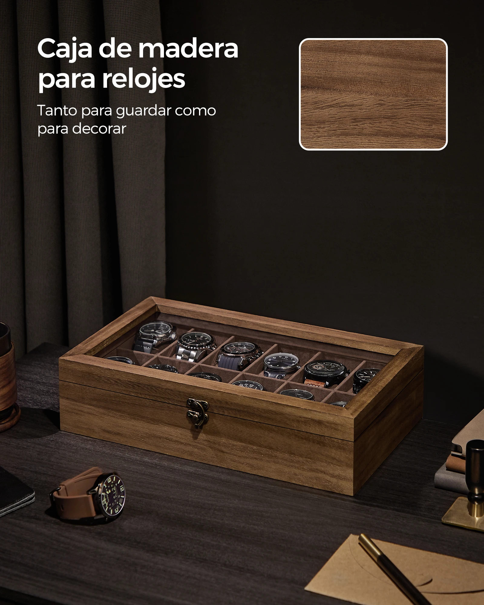 Songmics watch box with 12 compartments, solid wood watch box, with glass lid, watch cushion, gift for loved ones, rustic walnut/ebony black/ink black, christmas gift #6