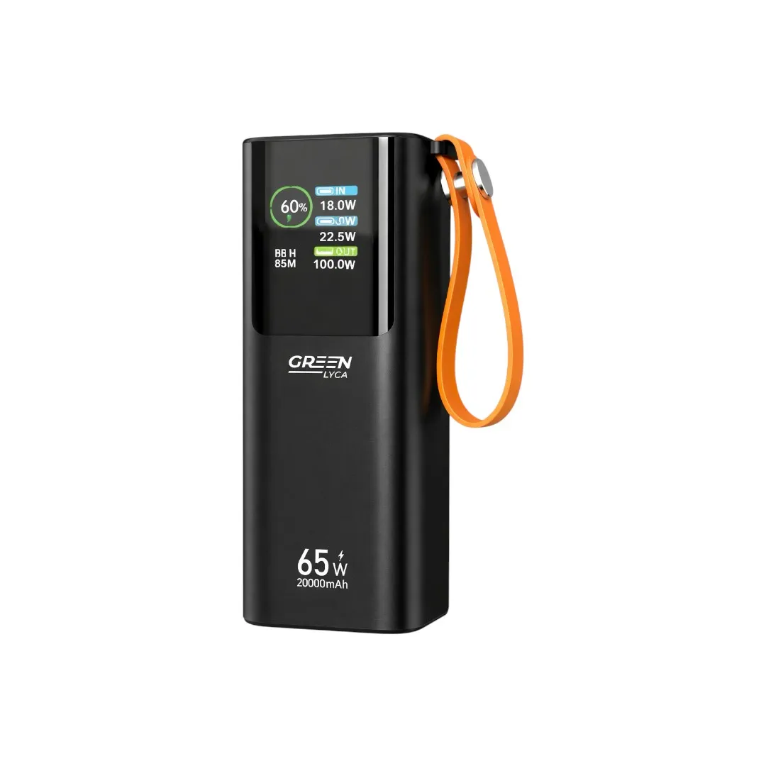 Power Bank 65W 20000mAh, Carga Rápida USB-C PD para Portátiles, Pantalla LED, Cable Integrado y Linterna, Batería Externa de Alta Potencia. ✅ Entrega en 48-72h