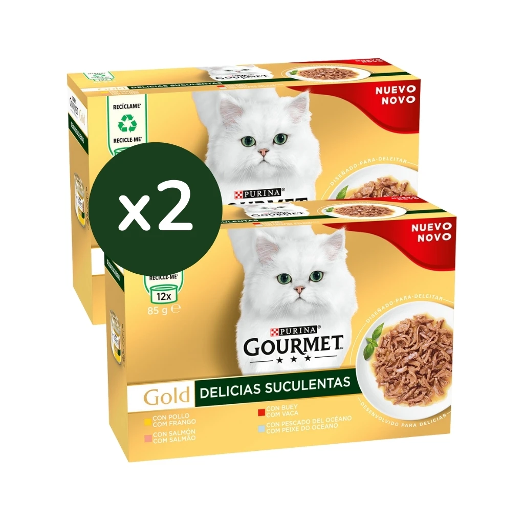 GOURMET - Gold (24x85 gr) -succulent delicacies Pack assorted chicken, salmon, ox and ocean fish (2 boxes of 12x85 gr)