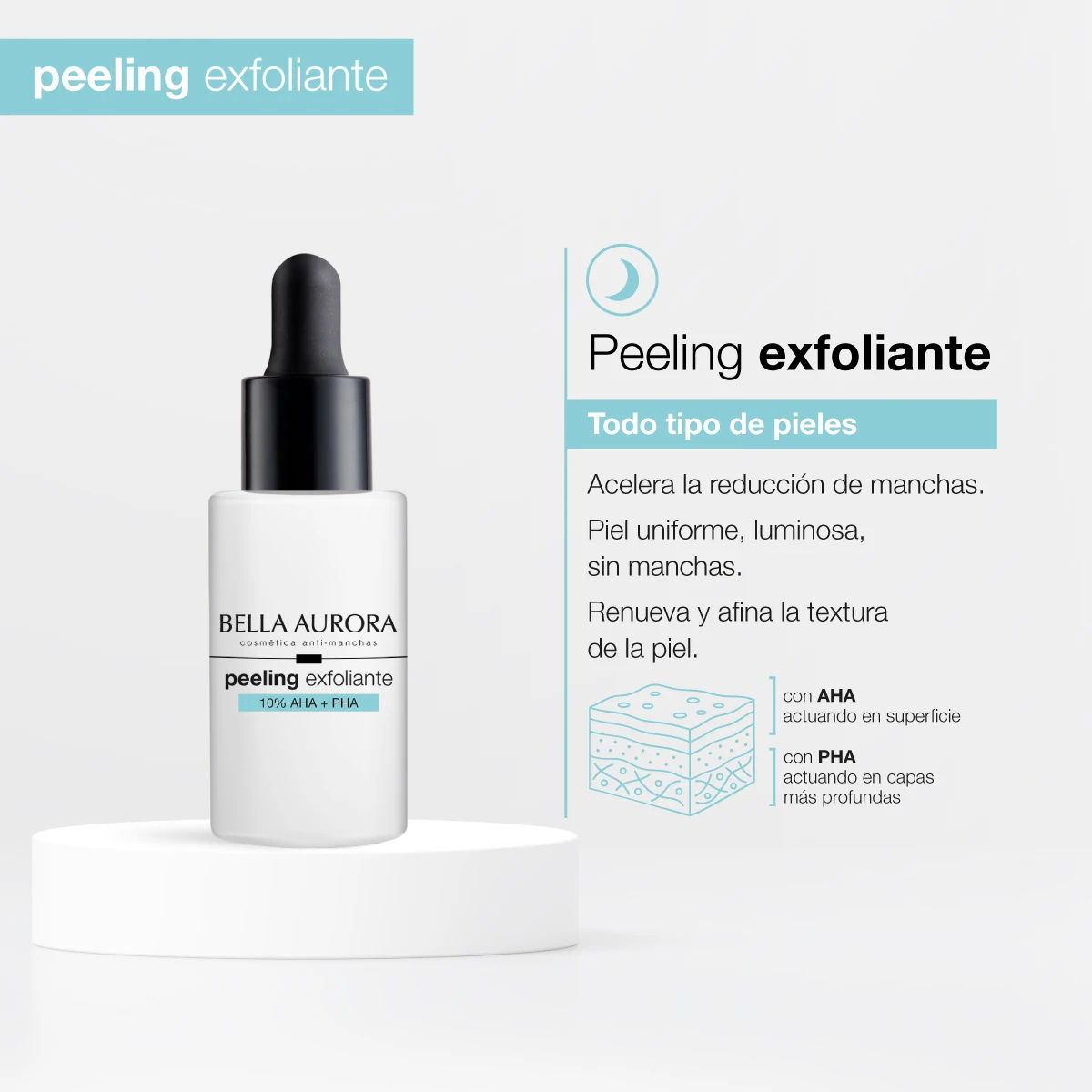 Bella aurora exfoliating peeling 10% aha + pha |   Anti-spot facial serum for brighter, more uniform and soft skin |   With mandelic acid, gluconolactone, lactobionic and bisabolol |   30ml
