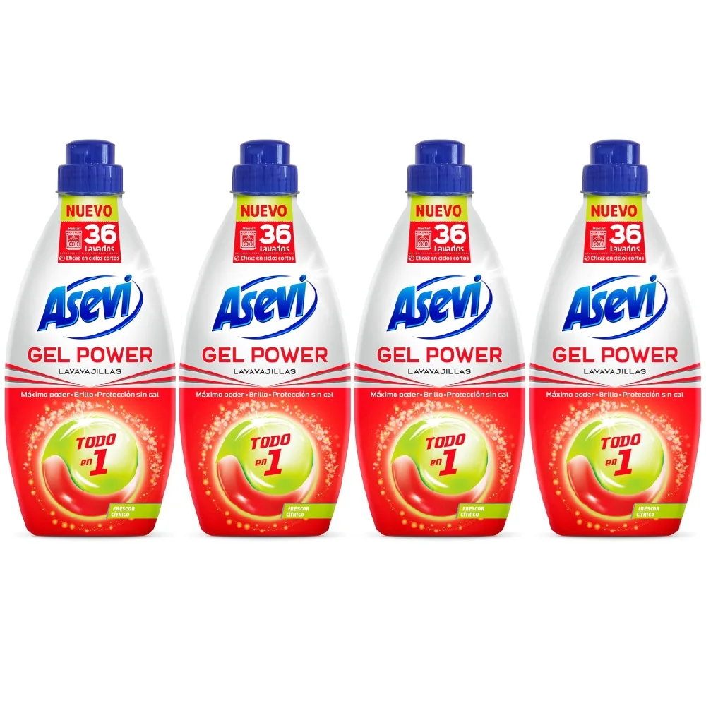 Asevi Gel Lavavajillas para Máquina Max Power, Detergente Lavaplatos Todo en 1, Envase de 720ml, Pack 4 uds - Lavavajillas Líquido Gran Poder Desengrasante, Brillo sin Manchas, Protección Antical,