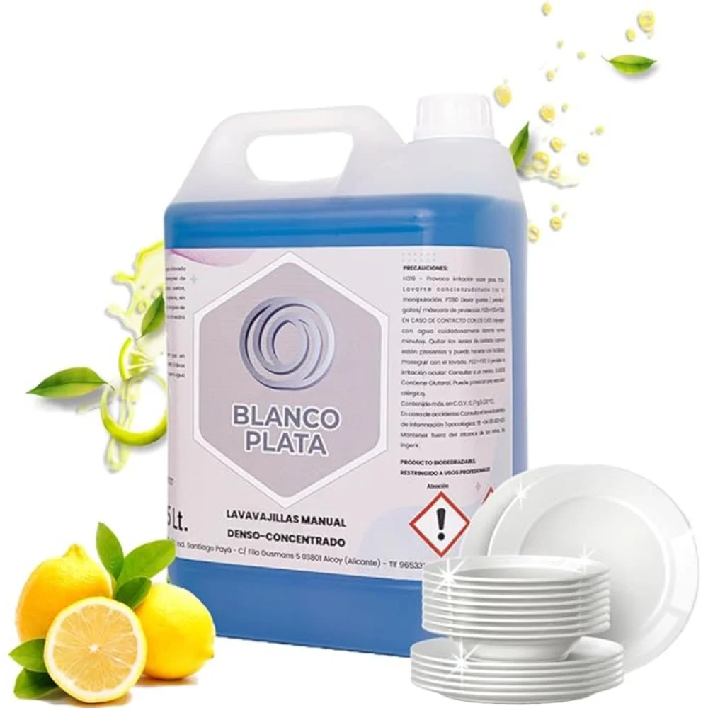 Lavavajillas Manual Concentrado Blancoplata 5 litro Gran poder desengrasante Agradable perfume a limón Válido para todo tipo de aguas