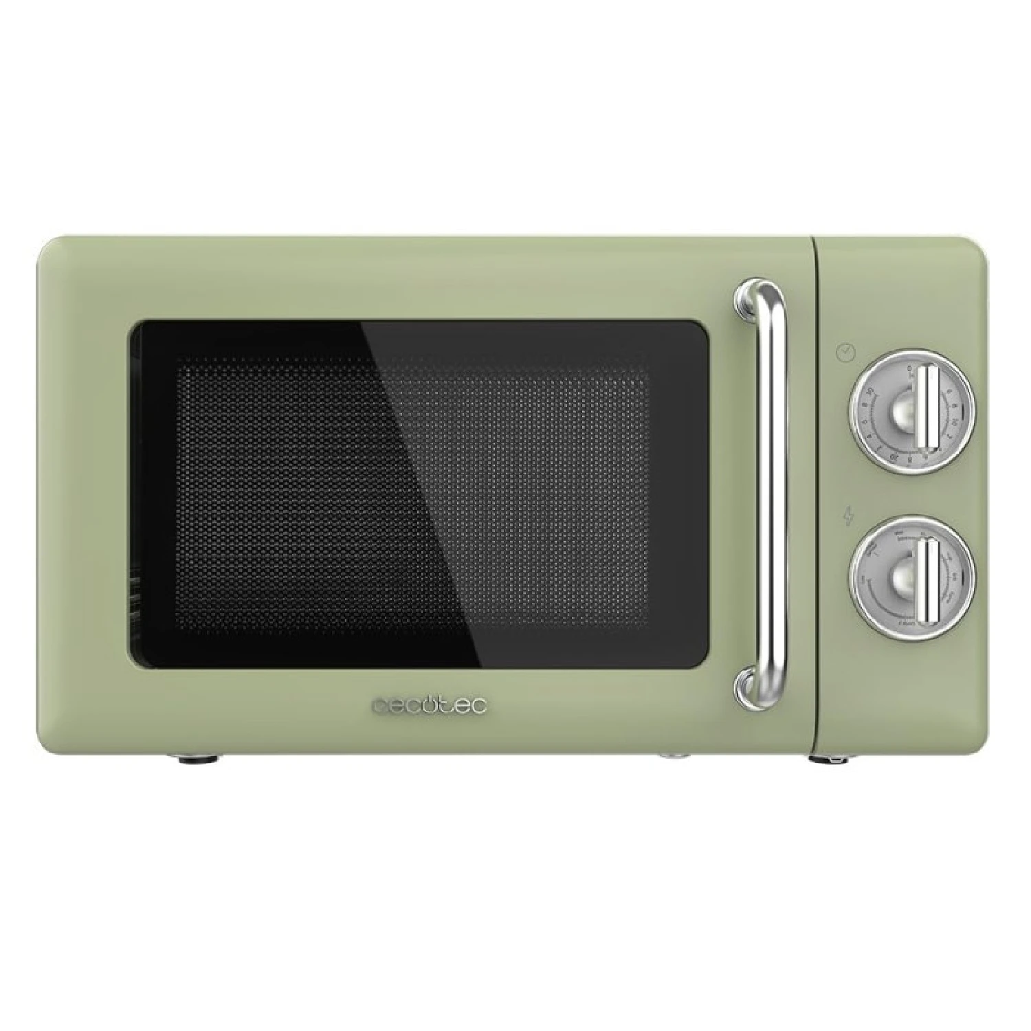 Cecotec ProClean 3110 Retro Green Microwave Oven with Grill, 20L capacity, 700W power, 6 power levels, defrost function, and 30-minute timer for easy cooking.