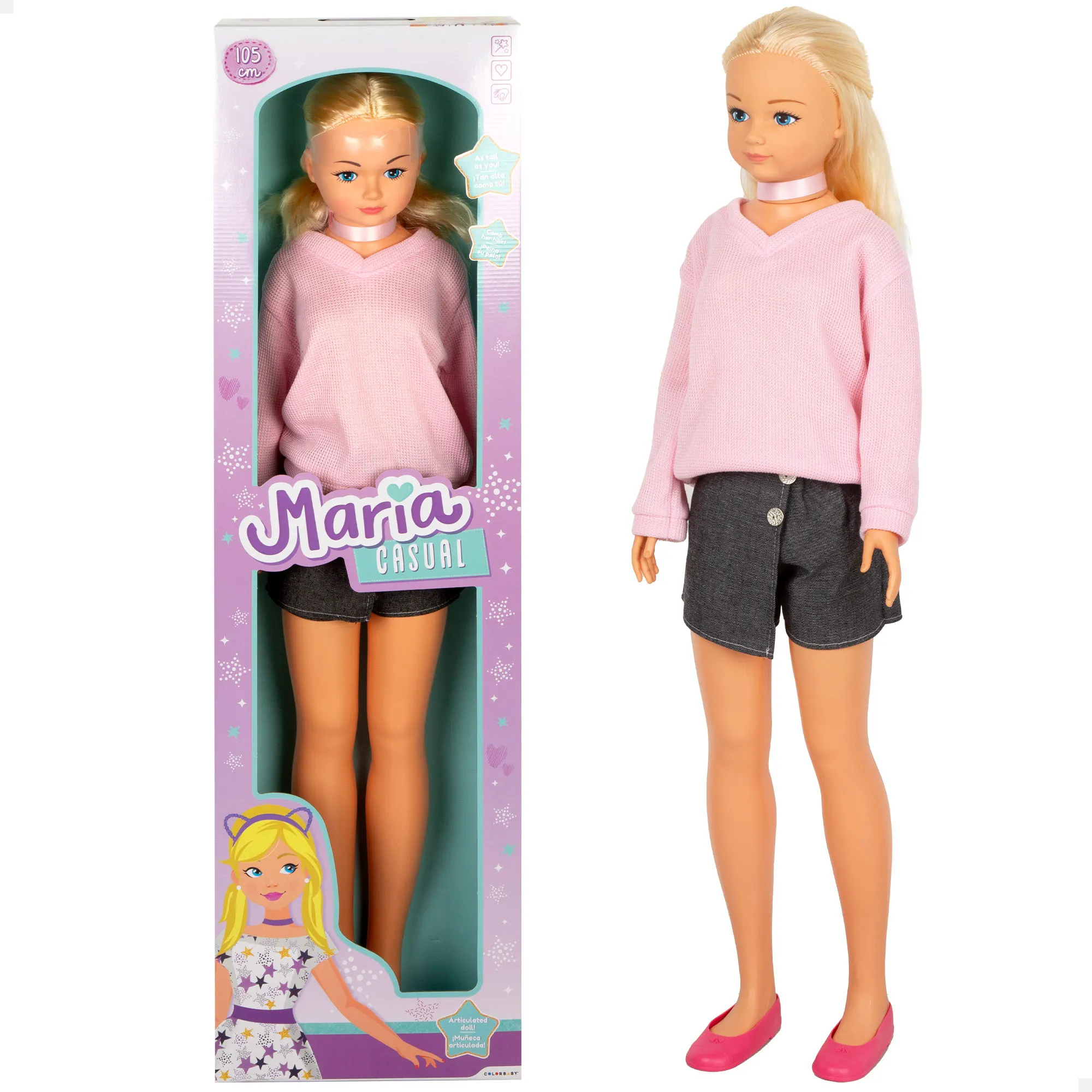 colorbaby maria casual muneca grande 105 cm falda pantalon camiseta rosa zapatos quita y pon accesorios incluidos munecas para peinar juegos de rol juguetes para ninos y ninas  3 anos