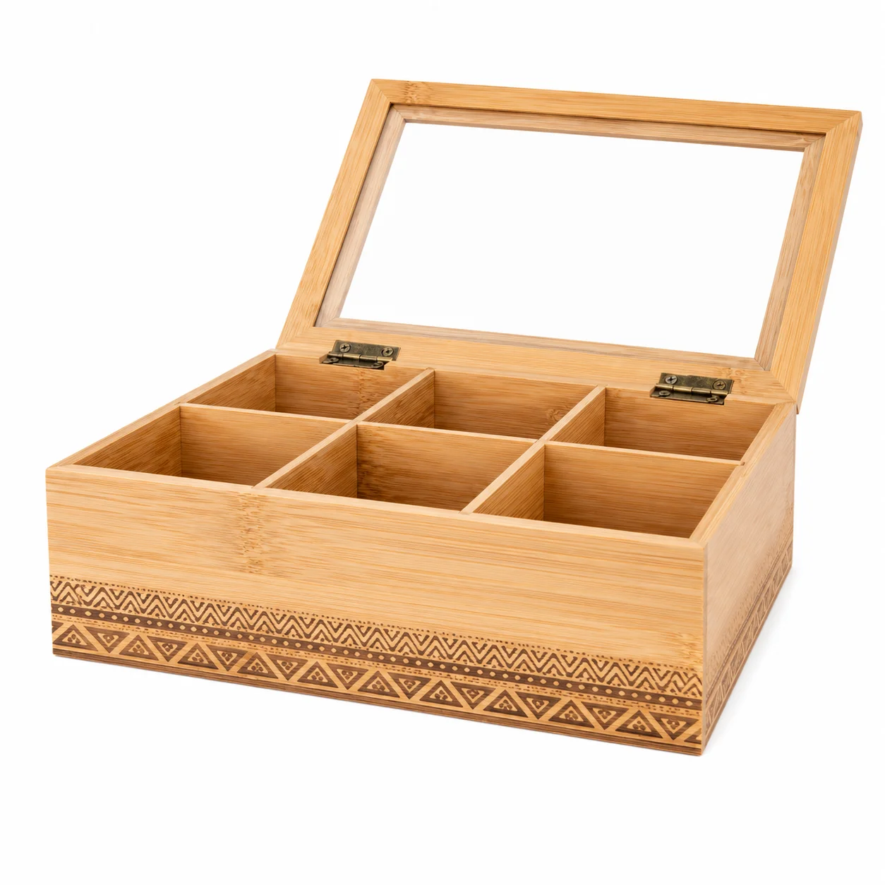 LIN HOME RS02170 Cajita de Madera y Bambú con Tapa de Cristal con 6 Compartiments para Bolsas de Té o Sobres de Azúcar,Rectangular  22*16*7CM